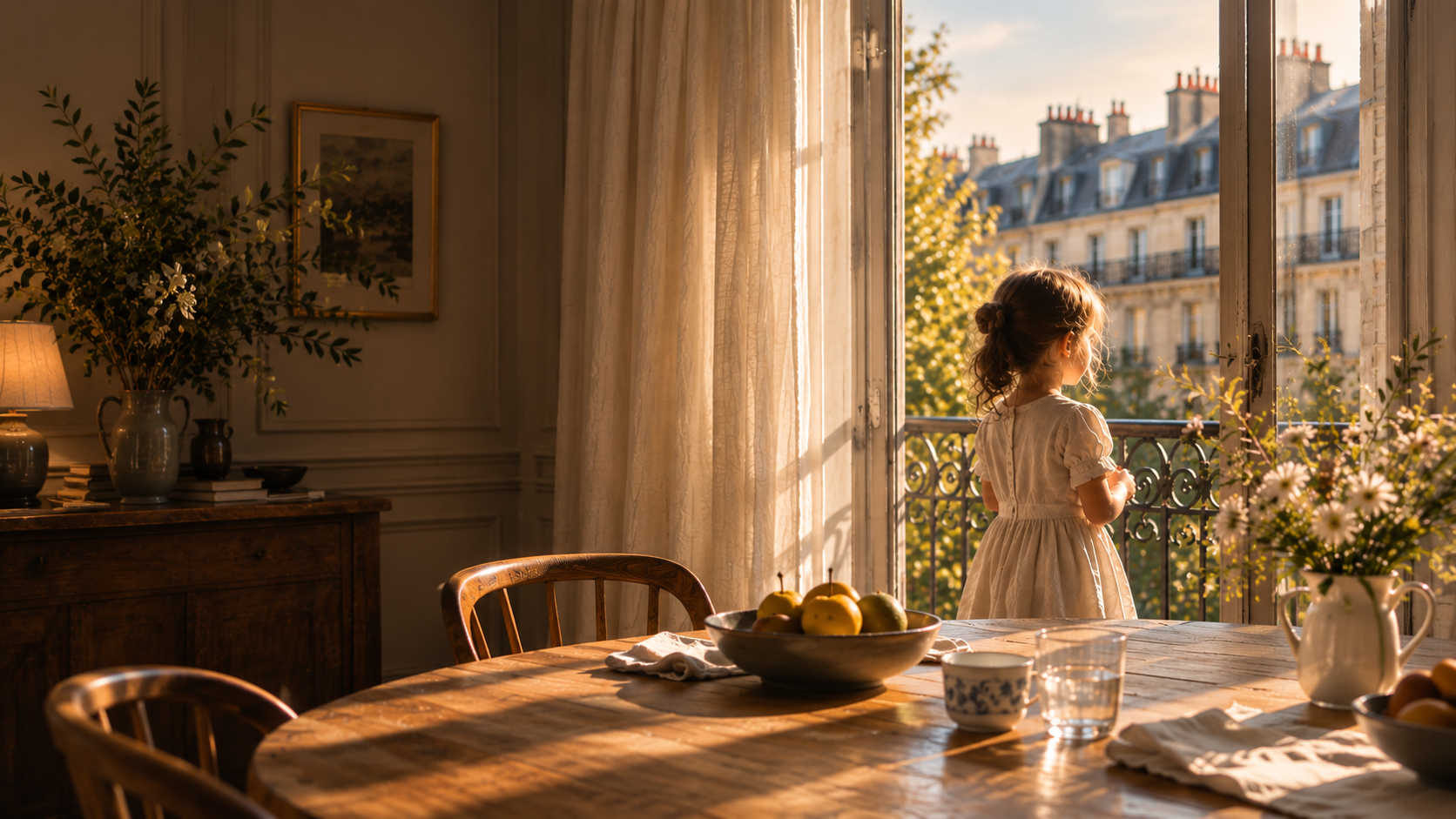 A little girl looking out onto a Parisian street from a sunlit family dining room