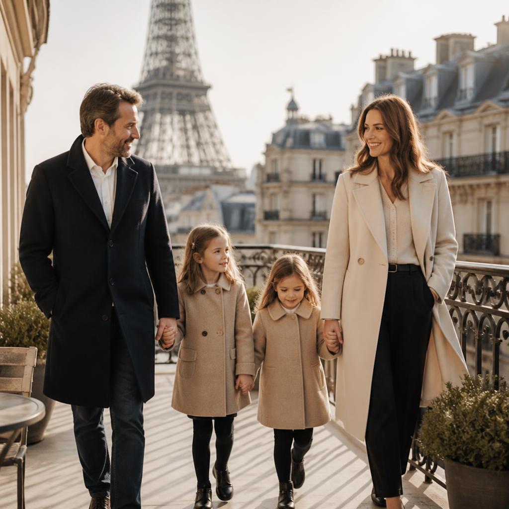 A French family walking on a Parisian balcony with the Eiffel Tower behind them