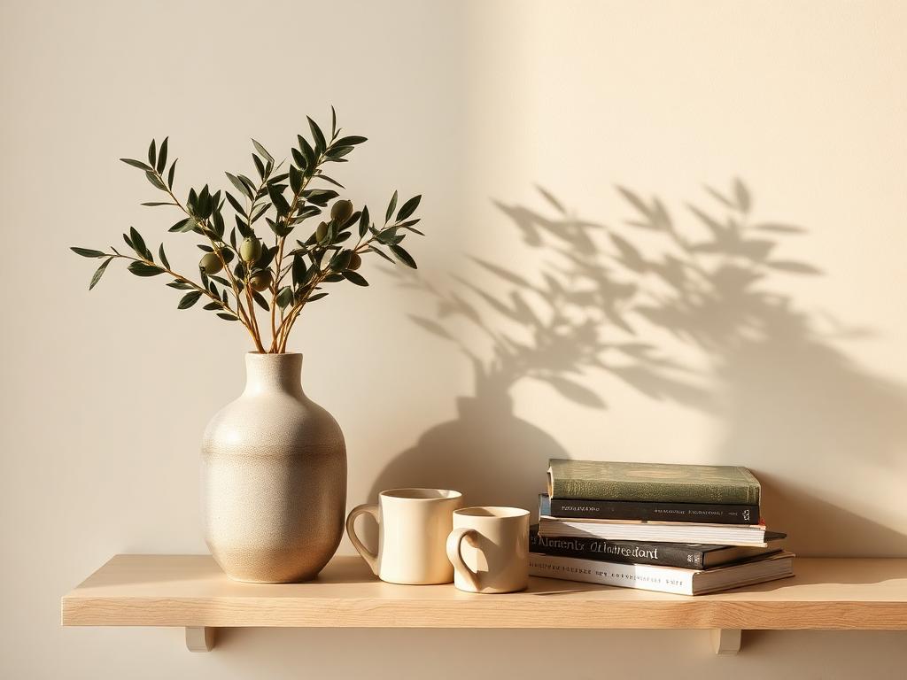 A sunlit family table with books, cups and olive branches